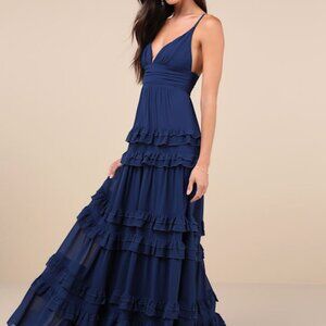 Lulus Lavish Perfection Navy Blue Ruffled Tiered Maxi Dress - Size S